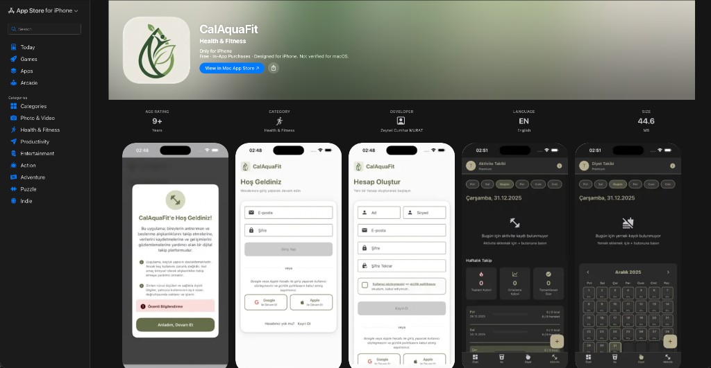 CalAquaFit App Store ekranları